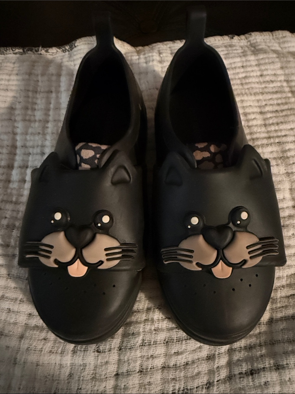 Mini Melissa Black Cat Slip-On Sandals with Tan Accent
